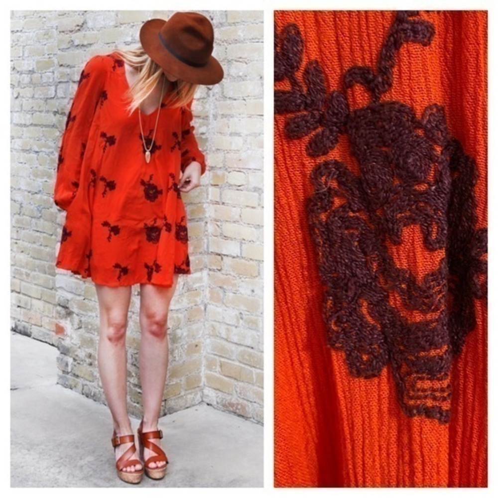 Free People Red Embroidered Austin V-neck Long Sleeve Mini Dress XS